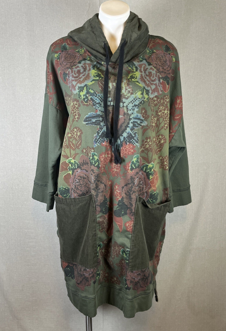 Monthorigin Hoodie Sweatshirt Dress Oversized Midi Green Pockets Abstract Floral